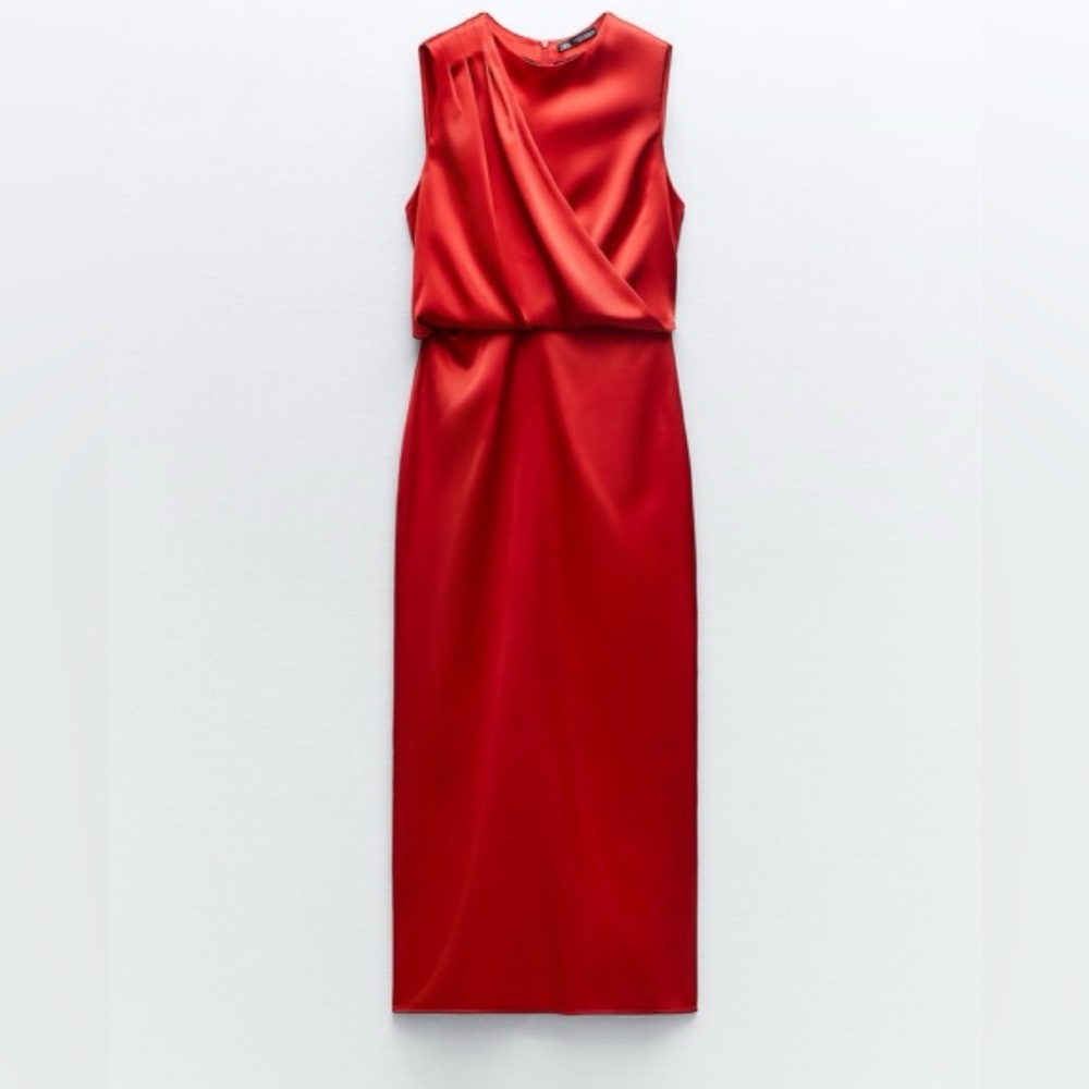ZARA Red Sleeveless Draped Maxi Dress Women’s Stretch Evening Size Large - Picture 2 of 6